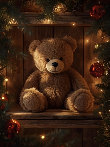 Cozy Christmas Teddy Bear with Pine Branches and Fairy Lights