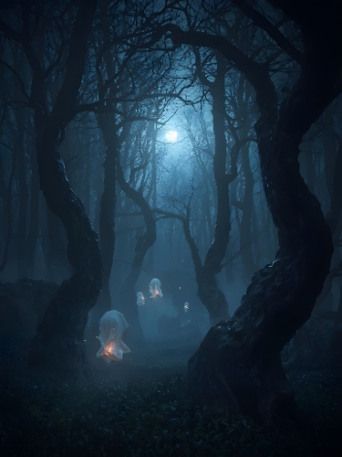 Haunted Forest Under the Full Moon with Ghostly Spirits