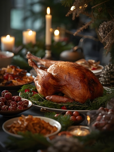 Festive Christmas Dinner Table with Roasted Turkey and Holiday Decor
