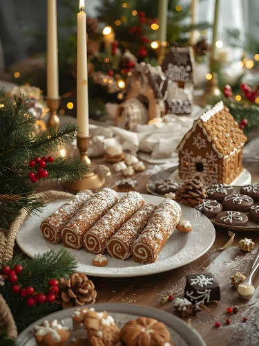 Festive Christmas Cookies and Gingerbread House Holiday Table Setting