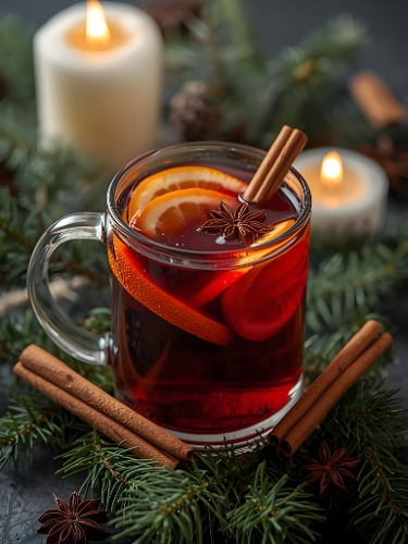 Mulled Wine in Glass Mug with Orange, Cinnamon and Star Anise – Cozy Christmas Beverage with Pine Branches and Candlelight