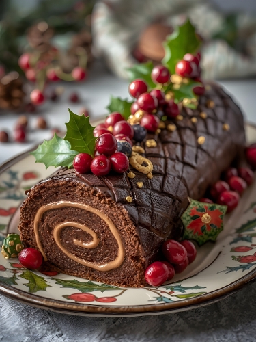 Festive Yule Log Cake with Cranberries, Holly & Gold Sprinkles – Christmas Dessert Photography