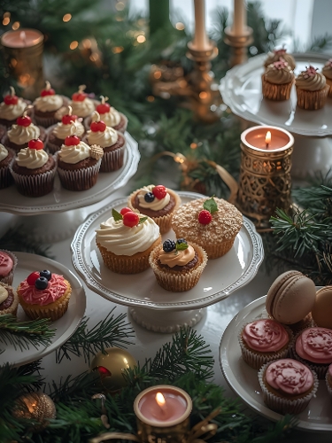 Festive Christmas Cupcakes with Candles, Gold Ornaments & Pine Decor