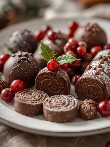 Festive Dessert Table with Chocolate Rolls, Cherries & Holly Sprigs