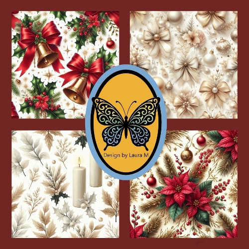 Elegant Christmas Collage Kit – Gold Bells, Holly, Pinecones, Poinsettias & Candles