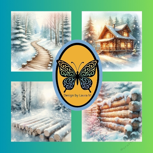 Winter Landscape Kit – Snowy Path, Wooden Cabin, Log Bridge & Forest Scenes