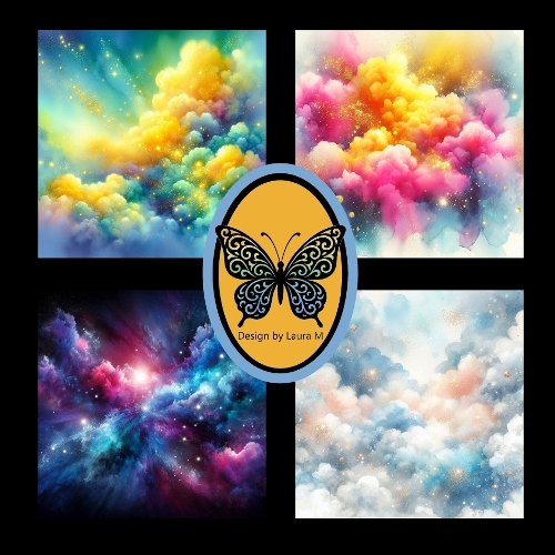 Neon Abstract Cloudscape – Vibrant Digital Clouds in Yellow, Pink, Blue, and Purple on Black Background