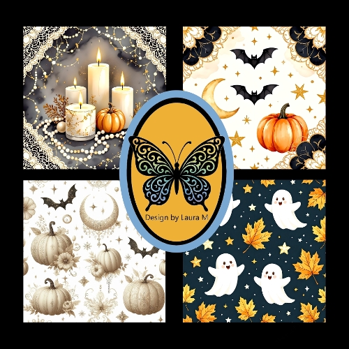 Halloween Collage Collection – Candles, Pumpkins, Bats, and Ghosts with Autumn Leaves
