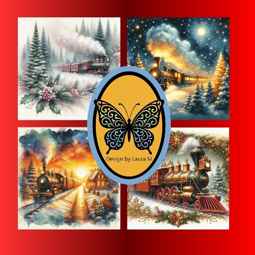 Christmas Scene Collection – Snowy Forest, Night Train, Snowy Village, and Festive Train Station