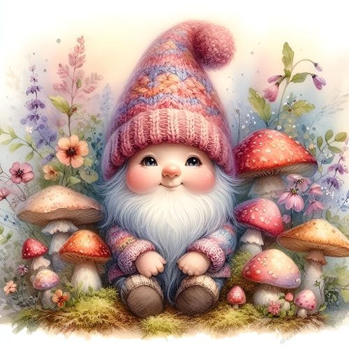 Whimsical Gnome Illustration – Cute Chubby-Cheeked Gnome with Mushrooms and Flowers