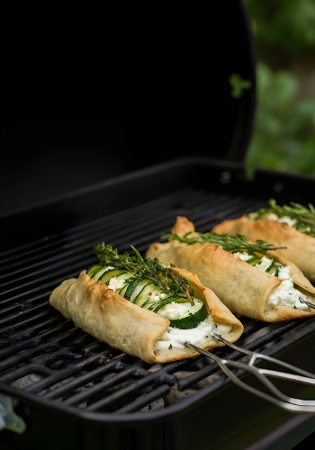 Stuffed Portobello Zucchini Mushrooms – Gourmet Grilled Cheese and Herbs Illustration
