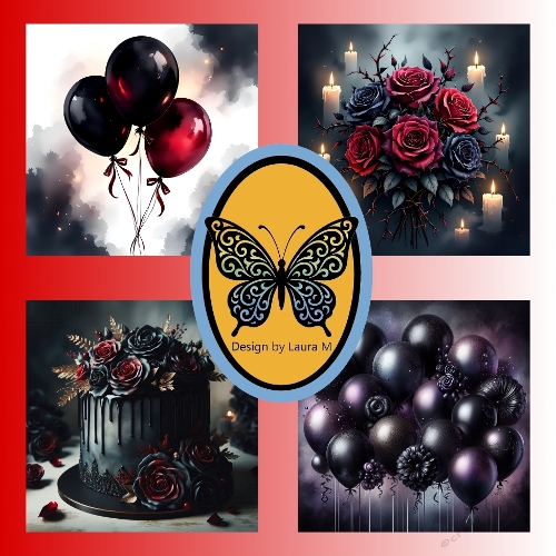 Gothic Elegance Collection – Black and Red Roses, Dark Cake, and Balloons