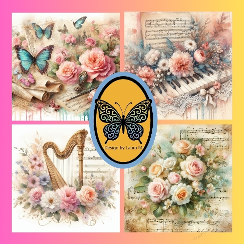 Vintage Floral & Musical Collage in Pastel Tones