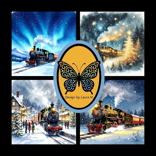 Starry Winter Train Journey – Four-Frame Scenic Illustration