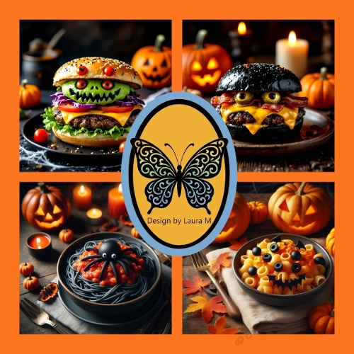 Halloween Food Collage – Green Monster Burger, Jack-o-Lantern Sliders, Pumpkin Pasta and Festive Treats Illustration