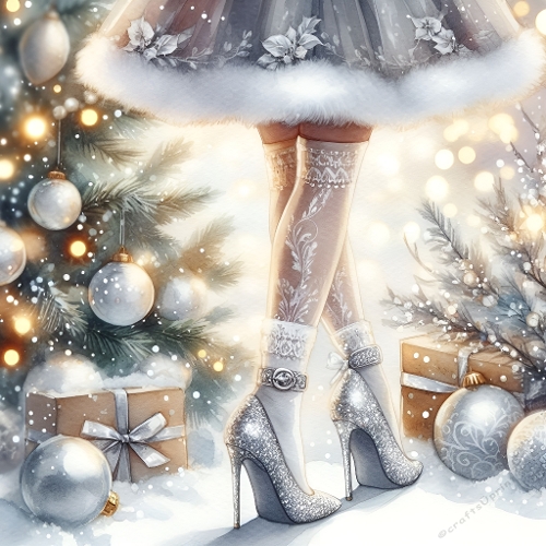 Woman in Silver Heels – Festive Christmas Scene with Snow, Ornaments, and Presents Illustration