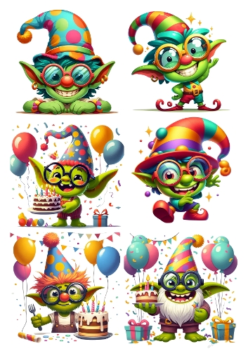 Festive Goblin Party Collage – Six Whimsical Green Goblins with Balloons, Cake, and Presents Illustration