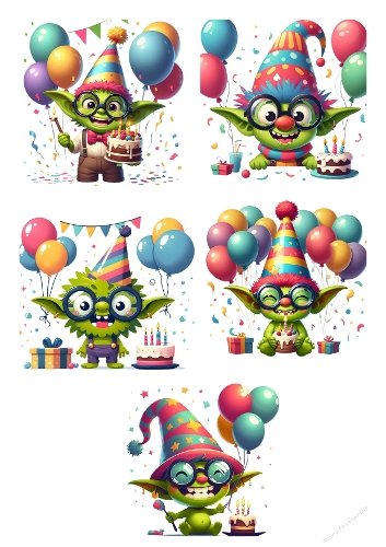 Green Goblin Party Collage – Five Whimsical Goblins with Balloons, Cake, Gifts, and Confetti Illustration