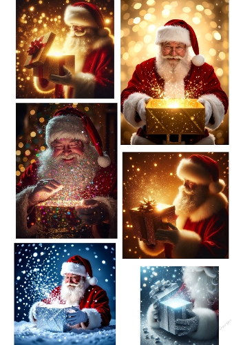 Santa Claus Christmas Collage – Six Festive Scenes with Presents, Glitter, and Snow 