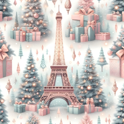 Pink Eiffel Tower Christmas Scene – Snowy Trees, Gifts & Fairy Lights Illustration