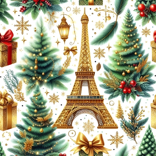 Golden Eiffel Tower Christmas Decorations – Festive Ornaments, Gifts & Pine Trees Illustration
