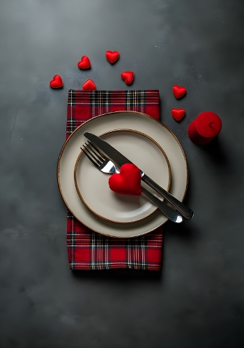 Romantic Table Setting – Red Plaid, Heart Accents & Elegant Dinnerware Photography