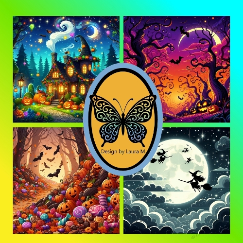 Halloween 4-Panel Illustration – Haunted House, Spooky Forest, Pumpkin Patch & Moonlit Sky