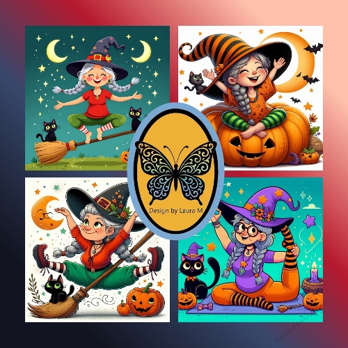 Cartoon Halloween Characters – Witch, Old Woman, and Children in Costumes with Pumpkins and Bats