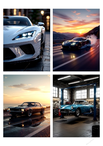 White Sports Car Collage – High-Quality Urban and Industrial Photos at Dawn and Dusk