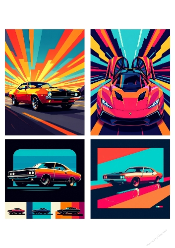 Retro Orange Chevrolet Camaro Collage – Vibrant Classic Car Digital Illustrations A4