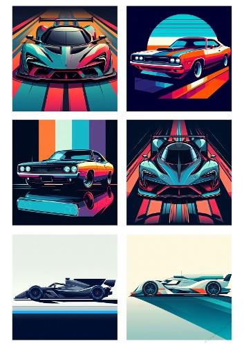 Futuristic Neon Car Collage – Six-Panel Digital Artwork with Sleek Designs and Retro Backgrounds