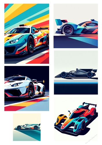 High-Speed Neon Race Cars Collage – Six-Panel Digital Artwork with Futuristic Designs