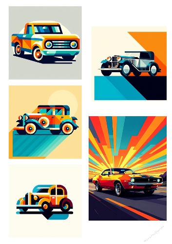 Retro 1950s Car Collage – Six-Panel Geometric Colorful Car Illustrations