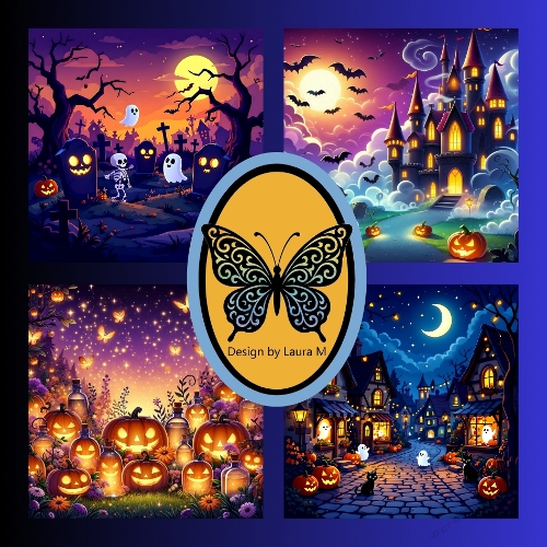 Halloween Digital Scenes Set – Four Vibrant 500x500 px Illustrations with Jack-o-Lanterns and Spooky Creatures