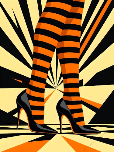 Legs in Orange and Black Striped Stockings with Black Heels – Retro Bold Graphic Digital Illustration
