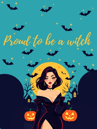 Proud to Be a Witch – Halloween Illustration with Confident Witch, Full Moon, and Jack-o-Lanterns