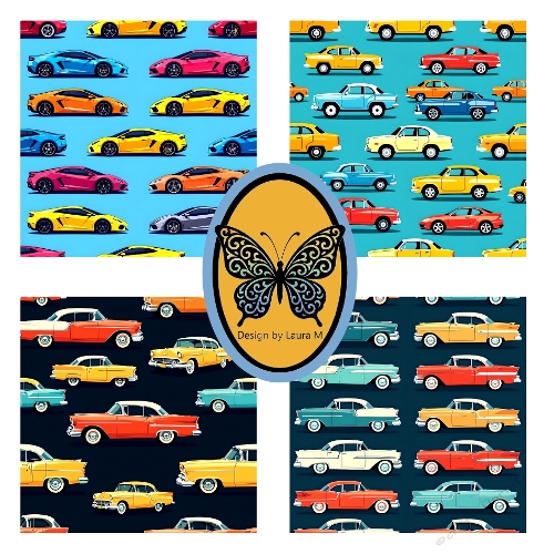 Vintage Car Collage – Bright Retro Cars on Teal Background