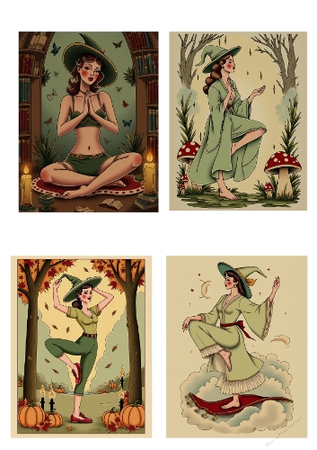 Four Vintage Witch Illustrations in Green – Yoga Poses in Magical Autumn Settings on A4 Printable JPEG