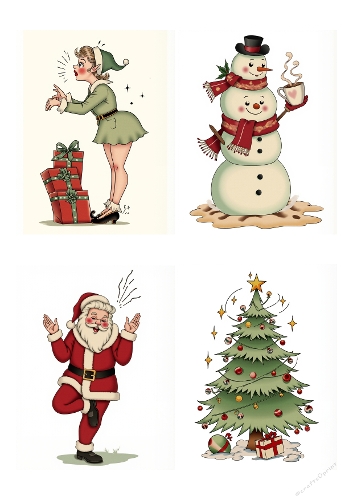 Four Festive Christmas Illustrations – Girl in Green Dress, Snowman, Santa Claus, and Decorated Christmas Tree on A4 Printable JPEG