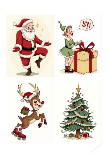 Colorful Christmas Illustration – Four Festive Scenes: Santa Dancing, Girl Opening Gift, Reindeer with Sack, and Decorated Tree on A4 JPEG