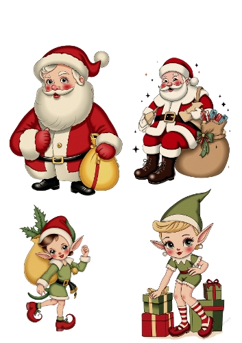 Four Whimsical Christmas Elves – Two Men and Two Women in Red and Green Outfits Holding Gifts and Standing on Presents, A4 Printable JPEG