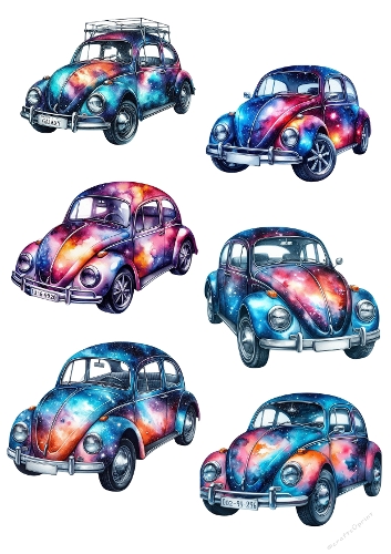 Six Vintage Volkswagen Beetles – Cosmic Space-Themed Cars in Blue, Pink, Orange, and Purple on A4 Printable JPEG