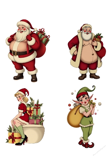 Four Holiday Characters – Santa Claus, Jolly Elf, Santa Girl with Gifts, and Mischievous Elf on White Background, A4 Printable JPEG