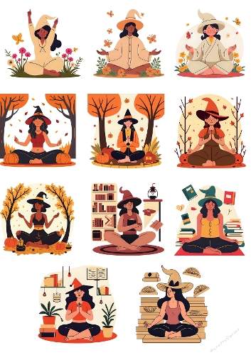 Nine Witch Illustrations – Dark-Haired Witch in Magical Autumn Settings, A4 Printable JPEG