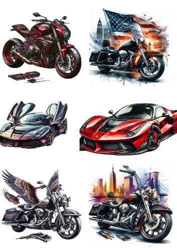 Six Motorcycle and Sports Car Illustrations – American Flags, Eagles, and Cityscapes, Vibrant Digital Art on A4 Printable JPEG