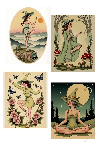 Four Witch Illustrations – Vintage Green Witch in Different Poses: Rock, Dancing, Sitting, and Meditating, A4 Printable JPEG