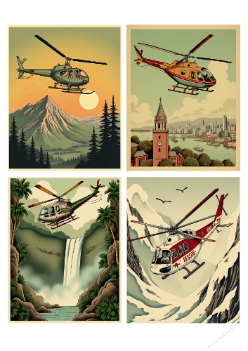 Four Vintage Helicopter Posters – Scenic Mountains, Cities, and Waterfalls, Retro-Style A4 Printable JPEG