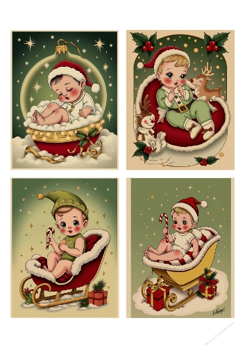 Four Vintage Christmas Baby Illustrations – Festive Babies with Reindeer, Candy Canes, and Presents, A4 Printable JPEG