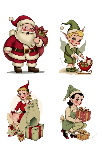 Four Festive Christmas Illustrations – Santa Claus, Mischievous Elf, and Women with Gifts, A4 Printable JPEG