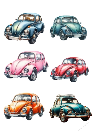 Six Vintage Volkswagen Beetle Illustrations – Hand-Painted Classic Cars in Blue, Pink, Orange, and Teal, A4 Printable JPEG